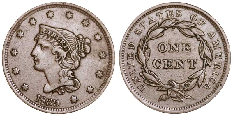 1839 Braided Hair Liberty Head Large Cent Early Copper Penny Coin Value  Prices, Photos & Info