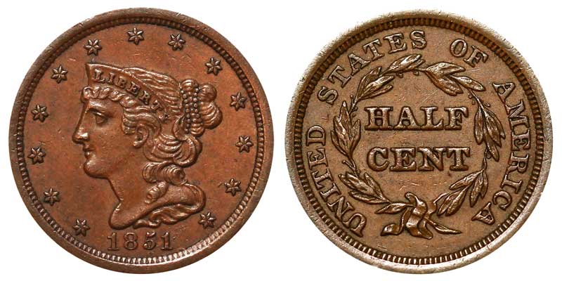 1851 Braided Hair Half Cent Early Copper Half Penny Coin Value Prices,  Photos & Info