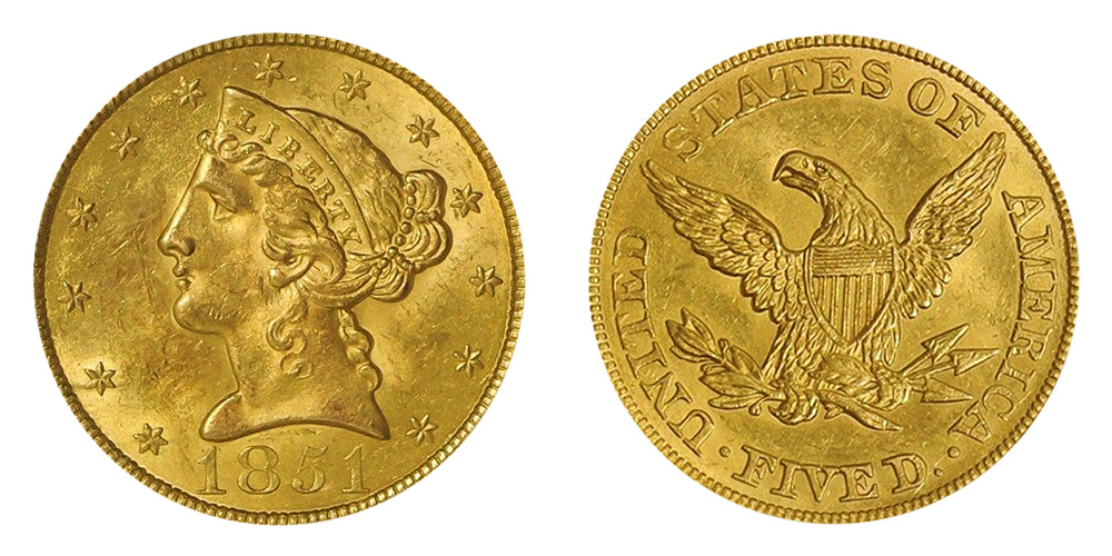 1851 Coronet Head Gold 5 Half Eagle Type 1 No Motto Liberty Head