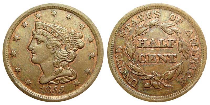 1855 Braided hair ,half Cent, Nice XF
