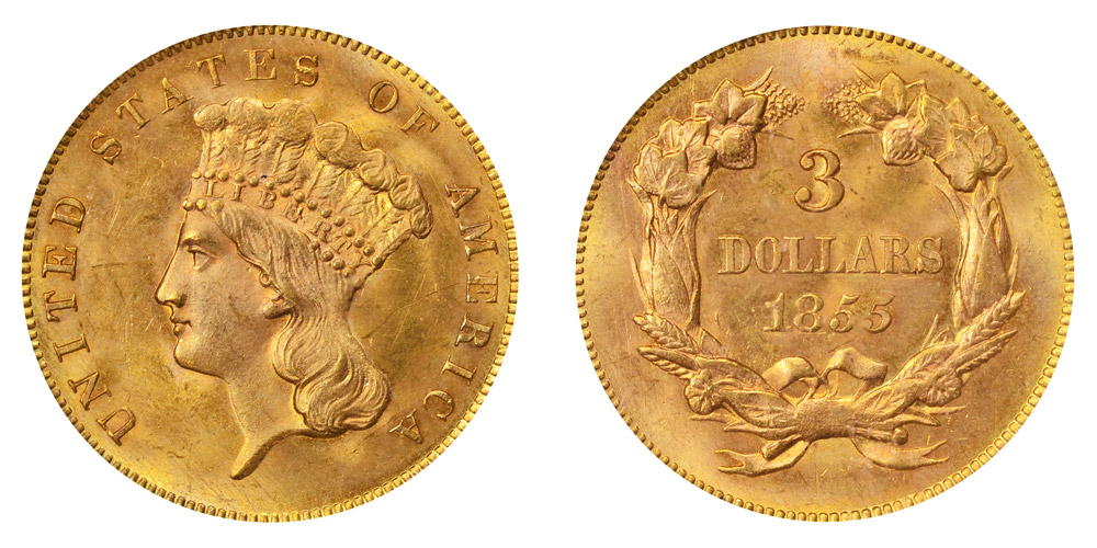 1855 Indian Princess Head Gold $3 Three Dollar Piece - Early Gold