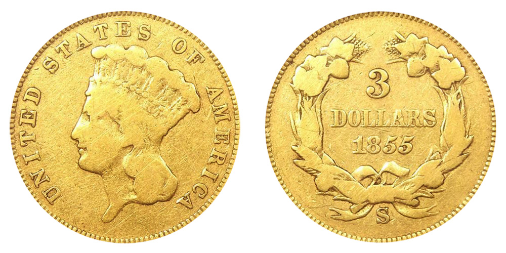 1855 S Indian Princess Head Gold $3 Three Dollar Piece - Early Gold ...