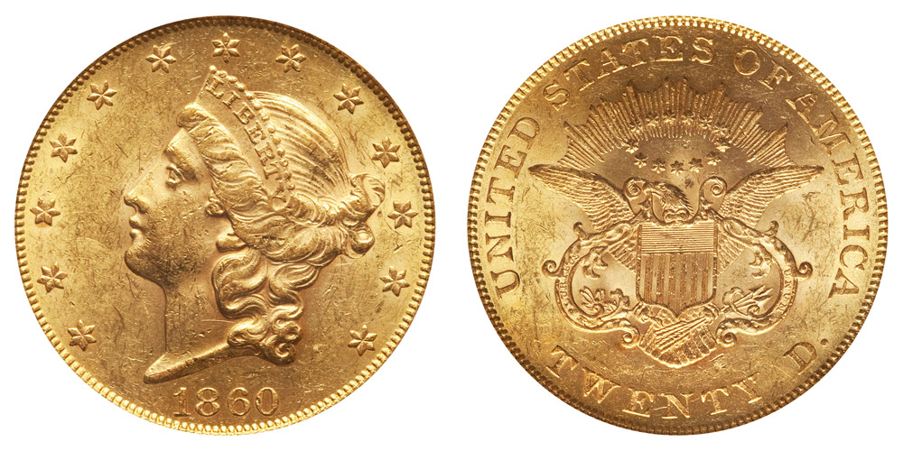 1860 Coronet Head Gold $20 Double Eagle Liberty Head - Twenty D