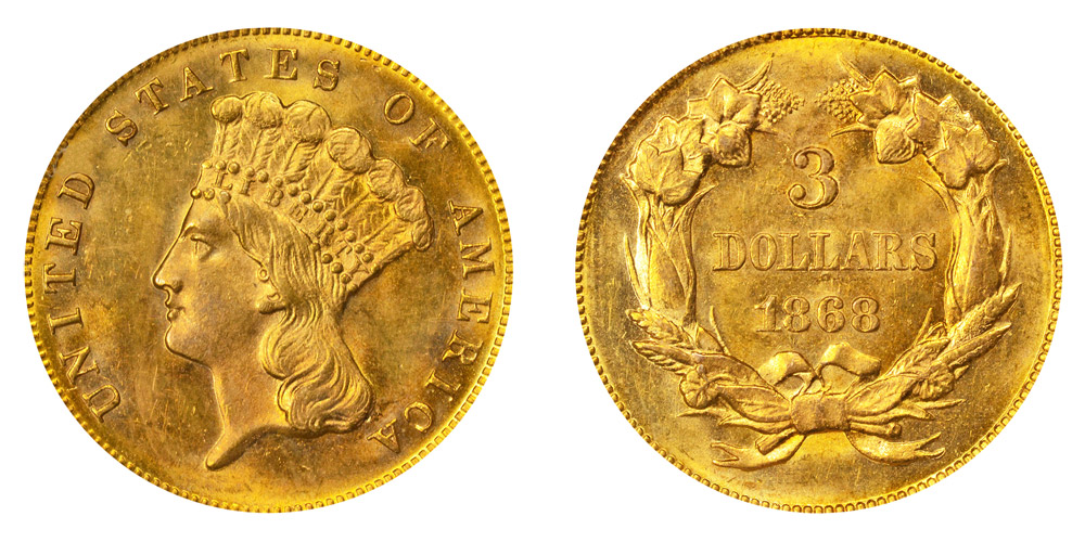 1868 Indian Princess Head Gold $3 Three Dollar Piece - Early Gold Coins ...