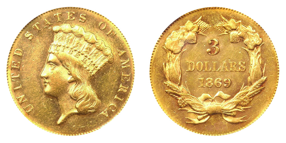 1869 Indian Princess Head Gold $3 Three Dollar Piece - Early Gold