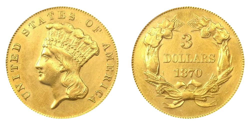 1870 Indian Princess Head Gold $3 Three Dollar Piece - Early Gold Coins ...