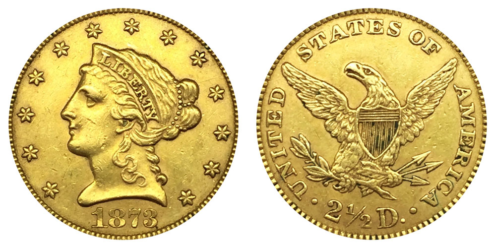 1873 Coronet Head Gold $2.50 Quarter Eagle Closed 3 Liberty Head