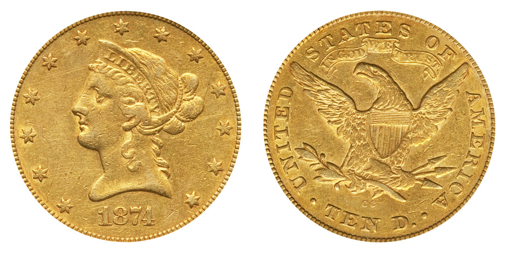 1874 CC Coronet Head Gold $10 Eagle New Style Liberty Head - With Motto ...