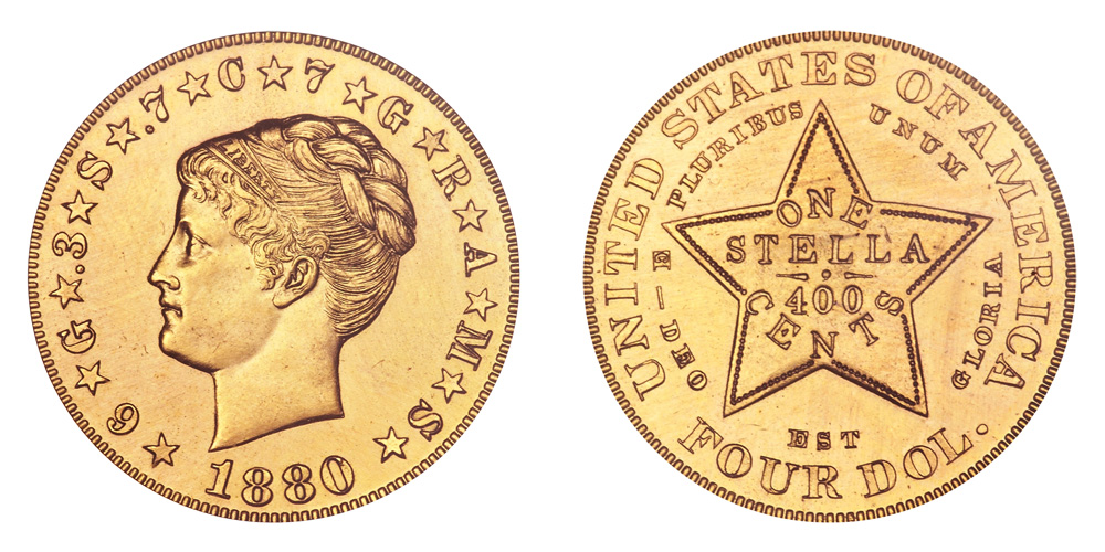 1880 Stella Gold $4 Coiled Hair Four Dollar Piece - Early Gold Coins Coin  Value Prices, Photos & Info