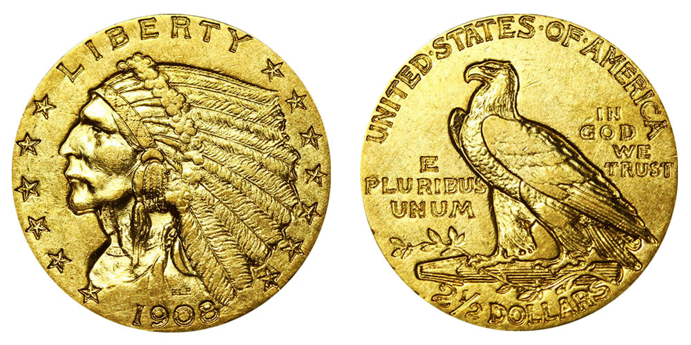 1908 Indian Head Gold $2.50 Quarter Eagle Early Gold Coins: Value and Prices