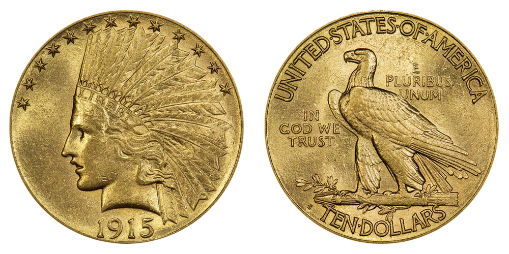 1915 S Indian Head Gold 10 Eagle Type 2 With Motto Coin Value