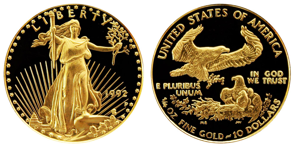 1992 American Gold Eagle Bullion Coin Proof $10 Quarter Ounce Gold ...