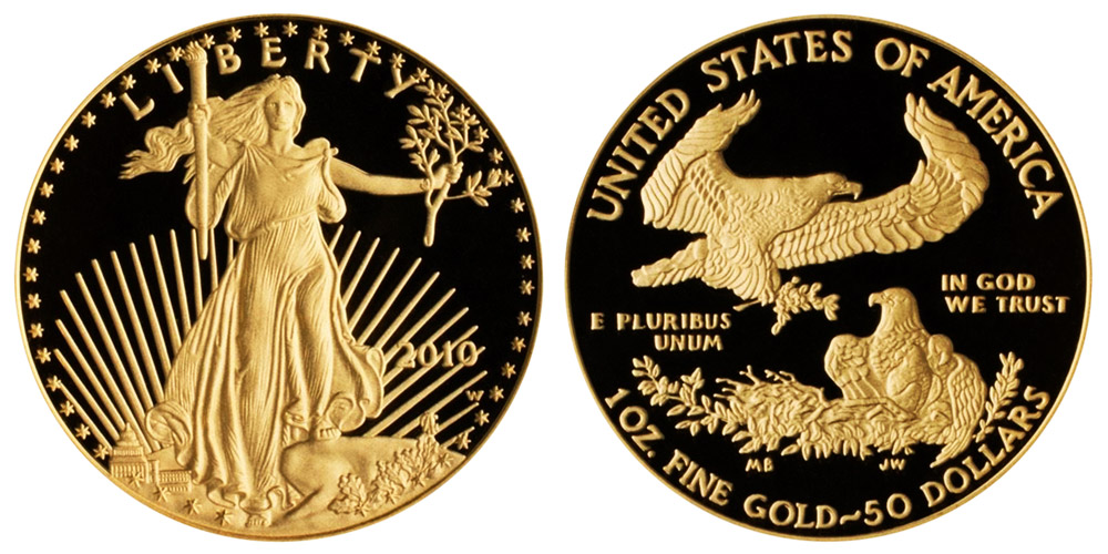2010 W American Gold Eagle Bullion Coin Proof $50 One Ounce Gold - Type ...