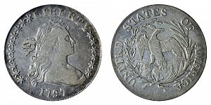 <b>1797 Draped Bust Silver Dollar: 10 Stars Left - 6 Stars Right