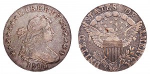 <b>1798 Draped Bust Silver Dollar: Pointed 9 - 5 Vertical Lines In Shield