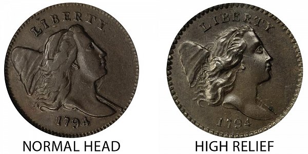 1794 Normal Head (Low Relief) vs High Relief Liberty Cap Half Cent - Difference and Comparison