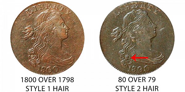 1800 Draped Bust Large Cent - Style 1 Hair vs Style 2 Hair - Difference and Comparison