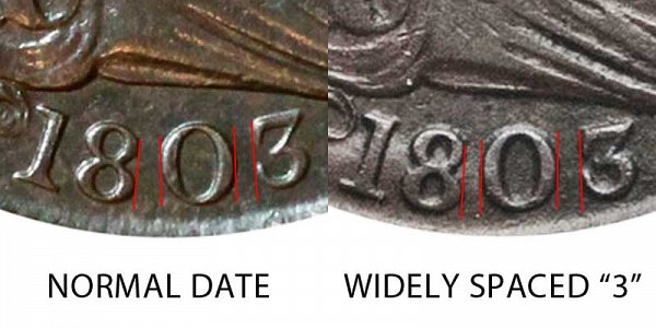 Obverse of 1803 Normal Date vs Widely Spaced 3 Draped Bust Half Cent - Difference and Comparison