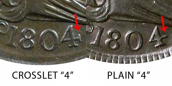 1804 Crosslet 4 vs Plain 4 Draped Bust Half Cent - Difference and Comparison