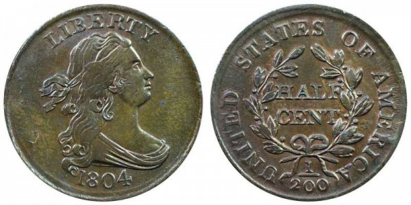 1804 Draped Bust Half Cent Penny - Crosslet 4 - With Stems 