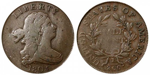 1805 Draped Bust Half Cent Penny - Small 5 - With Stems 