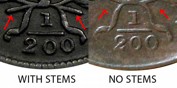 1805 With Stems vs No Stems (Stemless) Draped Bust Half Cent - Difference and Comparison
