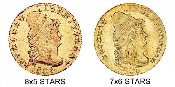 1806 8x5 Stars vs 7x6 Stars - $5 Turban Head Gold Half Eagle - Difference and Comparison