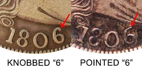 1806 Knobbed 6 vs Pointed 6 Draped Bust Half Dollar - Difference and Comparison