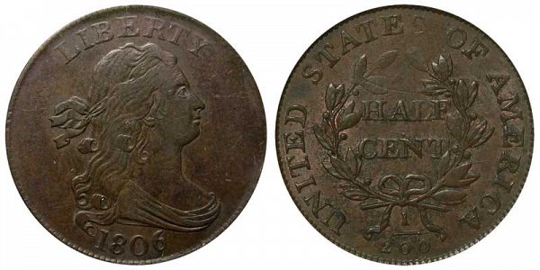 1806 Draped Bust Half Cent Penny - Small 6 - With Stems 