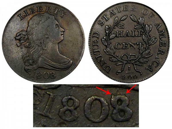 1808/7 Draped Bust Half Cent Overdate Error