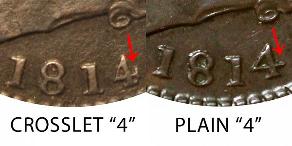 1814 Classic Head Large Cent Penny - Crosslet 4 vs Plain 4 