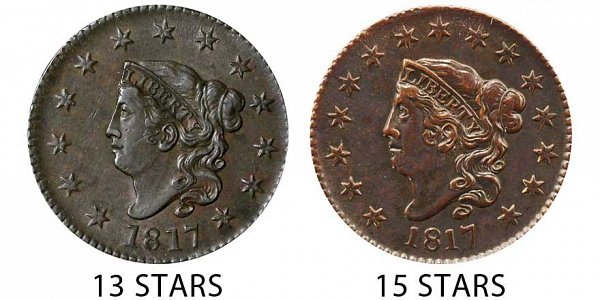 1817 13 Stars vs 15 Stars Coronet Head Large Cent - Difference and Comparison