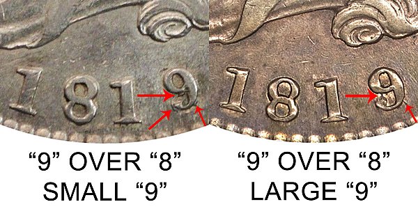 1819/8 Small 9 vs Large 9 Capped Bust Half Dollar - Difference and Comparison