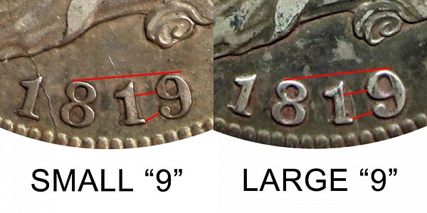 1819 Capped Bust Quarter - Small 9 vs Large 9 - Difference and Comparison