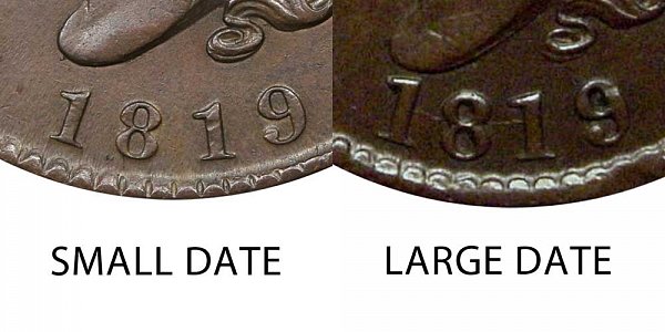 1819 Small Date vs Large Date Coronet Head Large Cent Penny