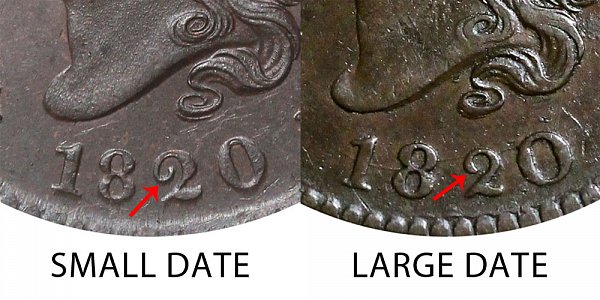1820 Small Date vs Large Date Coronet Head Large Cent - Difference and Comparison