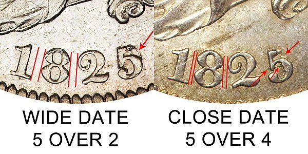1825 Capped Bust Quarter - 1825/2 vs 1825/4 - Wide Date vs Close Date - Difference and Comparison