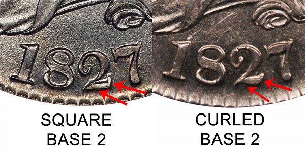 1827 Curl Base 2 vs Square Base 2 Capped Bust Half Dollar - Difference and Comparison