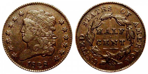 1828 Classic Head Half Cent Penny - 13 Stars