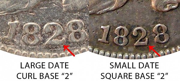 1828 Large Date vs Small Date - Curl Base 2 vs Square Base 2 Capped Bust Dime