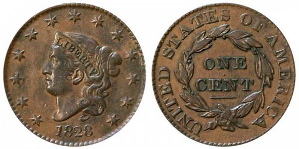 1828 Coronet Head Large Cent - Large Narrow Date 