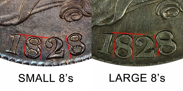 1828 Small 8s vs Large 8s Capped Bust Half Dollar - Difference and Comparison