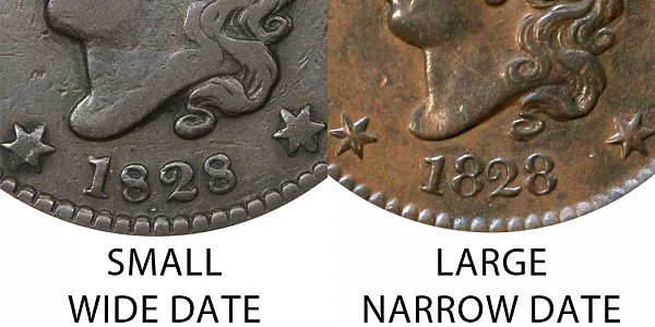 1828 Coronet Head Large Cent - Small Wide Date vs Large Narrow Date 