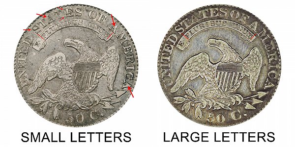1828 Small Letters vs Large Letters Capped Bust Half Dollar - Difference and Comparison