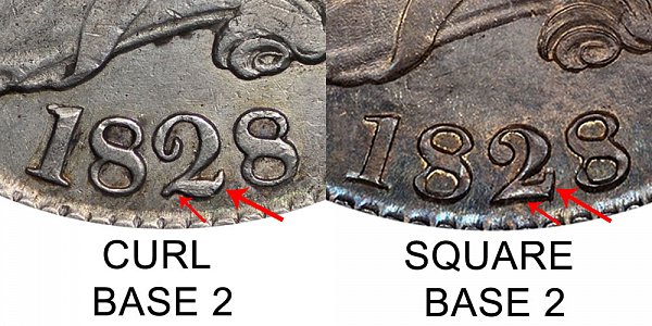 1828 Curl Base 2 vs Square Base 2 Capped Bust Half Dollar - Difference and Comparison