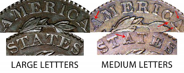 1829 Coronet Head Large Cent Penny - Large Letters vs Medium Letters
