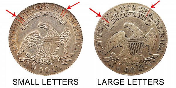 1829 Small Letters vs Large Letters Capped Bust Half Dollar - Difference and Comparison
