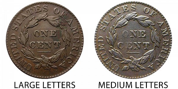 1831 Large Letters vs Medium Letters Coronet Head Large Cent - Difference and Comparison