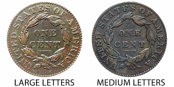 1832 Large Letters vs Medium Letters Coronet Head Large Cent - Difference and Comparison