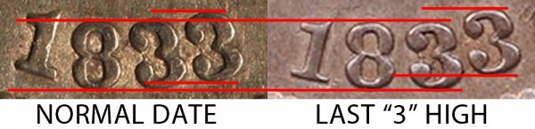 1833 Last 3 High vs Normal Date Capped Bust Dime - Difference and Comparison